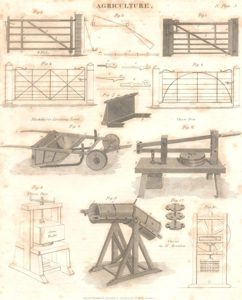 AGRICULTURE. Gates. Machine levelling land. Cheese press. Rowntree churn 1830